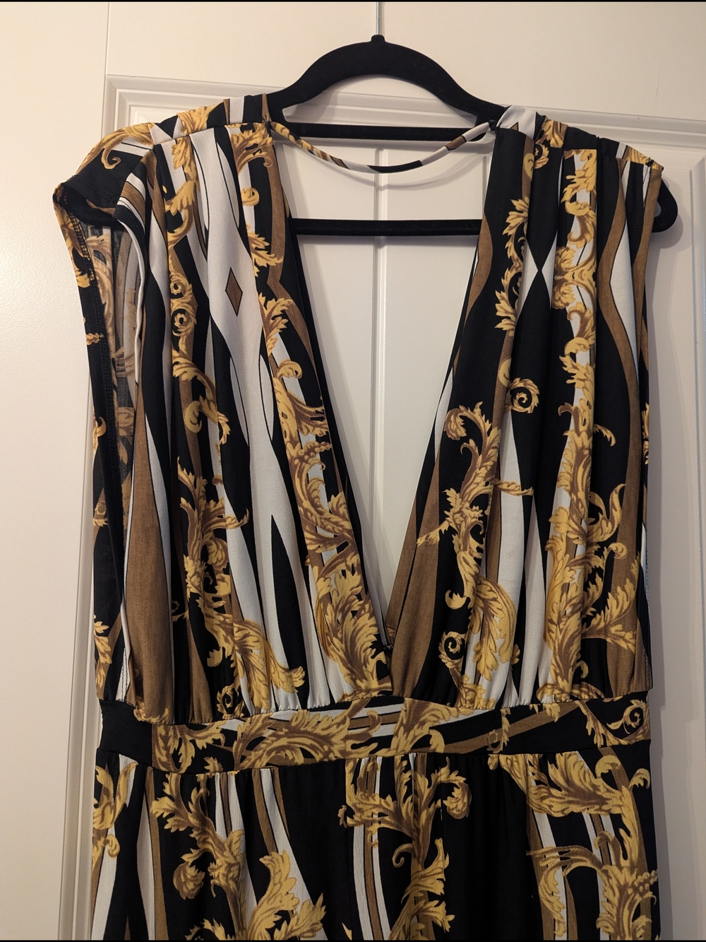 Baroque Print Sleeveless Deep V-Neck Jumpsuit - Black, Gold, White